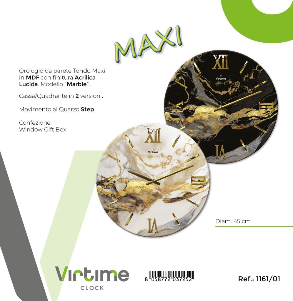 1 Pezzo Orologio da Parete Marble in Legno MDF Acrylic 45 cm 2 Colori