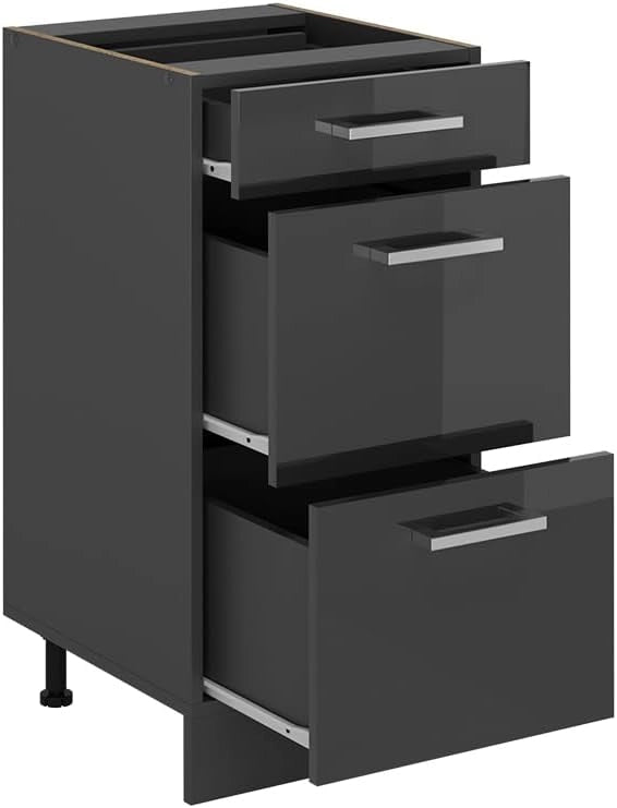 Mobiletto base per cucina R-Line, Antracite lucido, 40 cm con cassetti, senza piano di lavoro, per la libera combinazione all'interno di sistemi cucina modulari