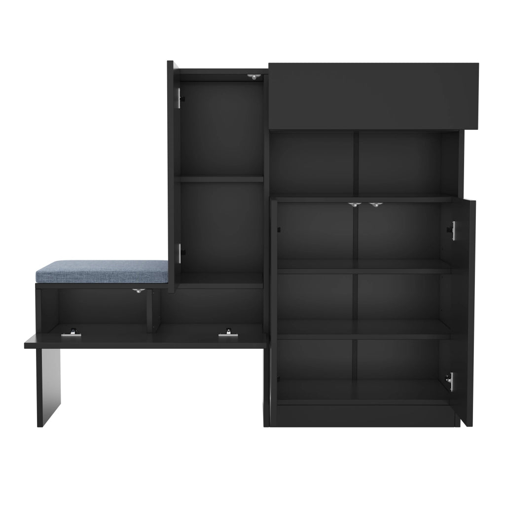 Mobile scarpiera 2 in 1 con panca imbottita e ante soft-close, nero, 130x35x110 cm