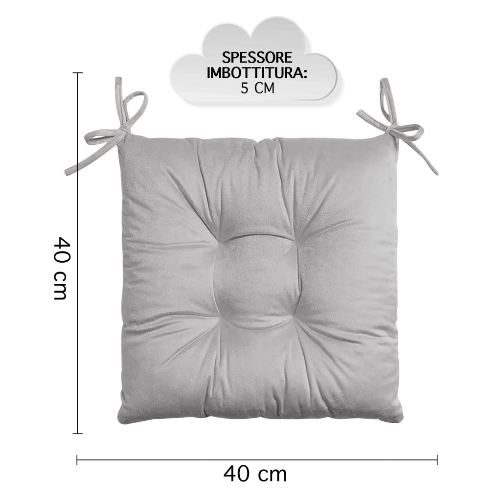 Set 4 Cuscini Sedie 4 Punti Coprisedie Effetto Velluto Con Lacci Prodotto Italiano Tinta Unita 4 Pezzi Cuscino Cucina Sala Da Pranzo Soggiorno Imbottitura 5Cm - Grigio