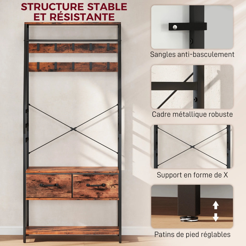 Mobile ingresso 6 in 1 con appendiabiti, gancio, ripiani e cassetti ¨C Minimal ¨C 80x30x180 cm marrone