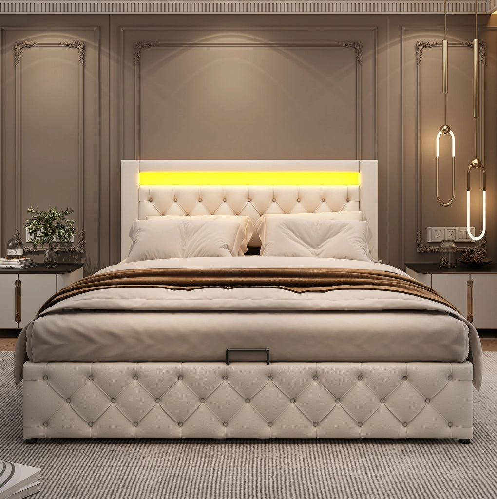 Letto imbottito 140x190 cm con contenitore; rete a doghe; LED; PU bianco
