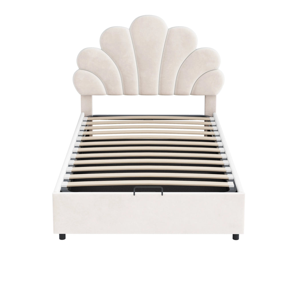 Letto imbottito 90 x 200 cm in velluto con contenitore idraulico; beige