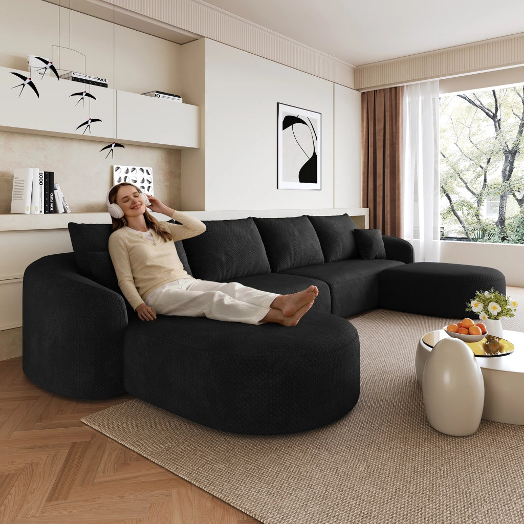 Divano angolare modulare senza montaggio in tessuto nero per soggiorno e camera da letto 336 × 168 × 85 cm