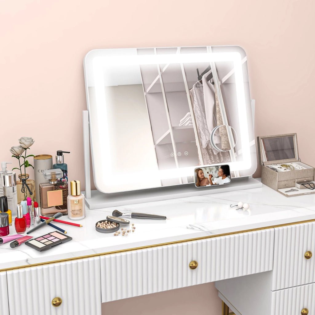 Specchio da Trucco Girevole ¨C Xylo ¨C 58x46 cm con 3 Modalit¨¤ di Illuminazione e Ingrandimento