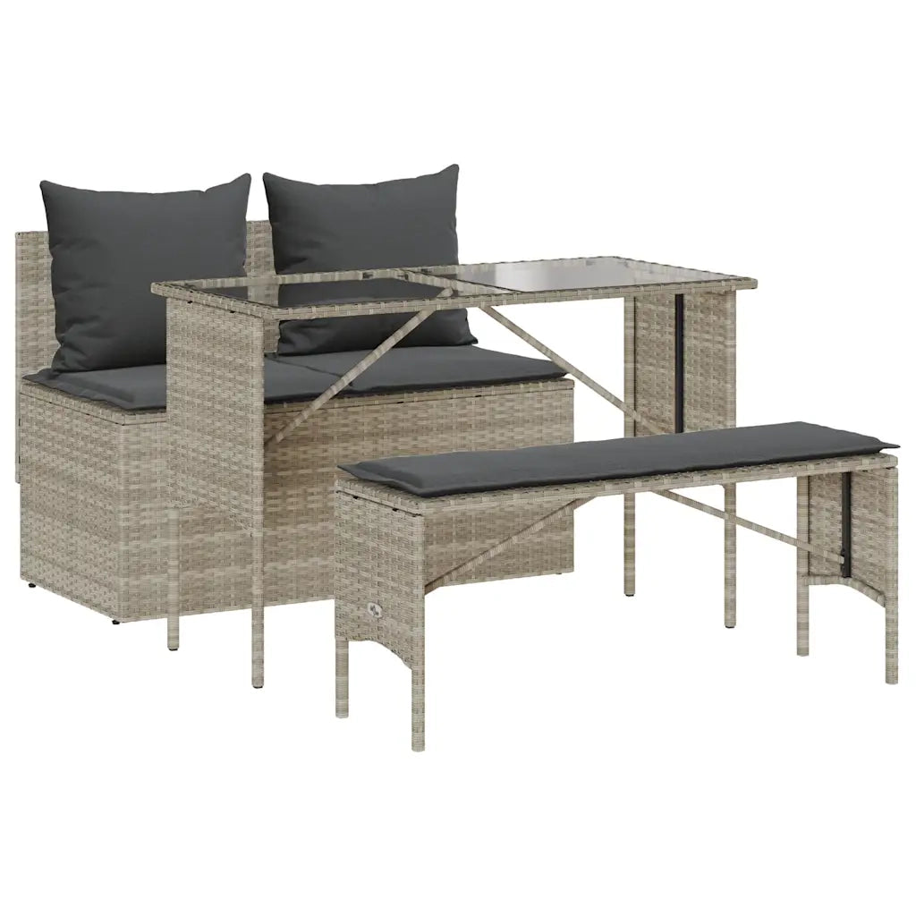 Set Pranzo da Giardino 3pz con Cuscini Grigio Chiaro Polyrattan