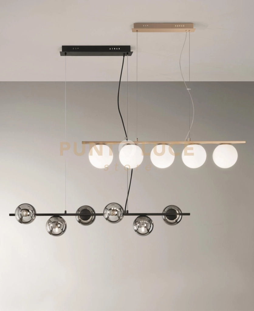 SOSPENSIONE MONILE RETTANGOLARE 5  LUCI ATTACCO E14 ORO E VETRI BIANCHI L.55CM