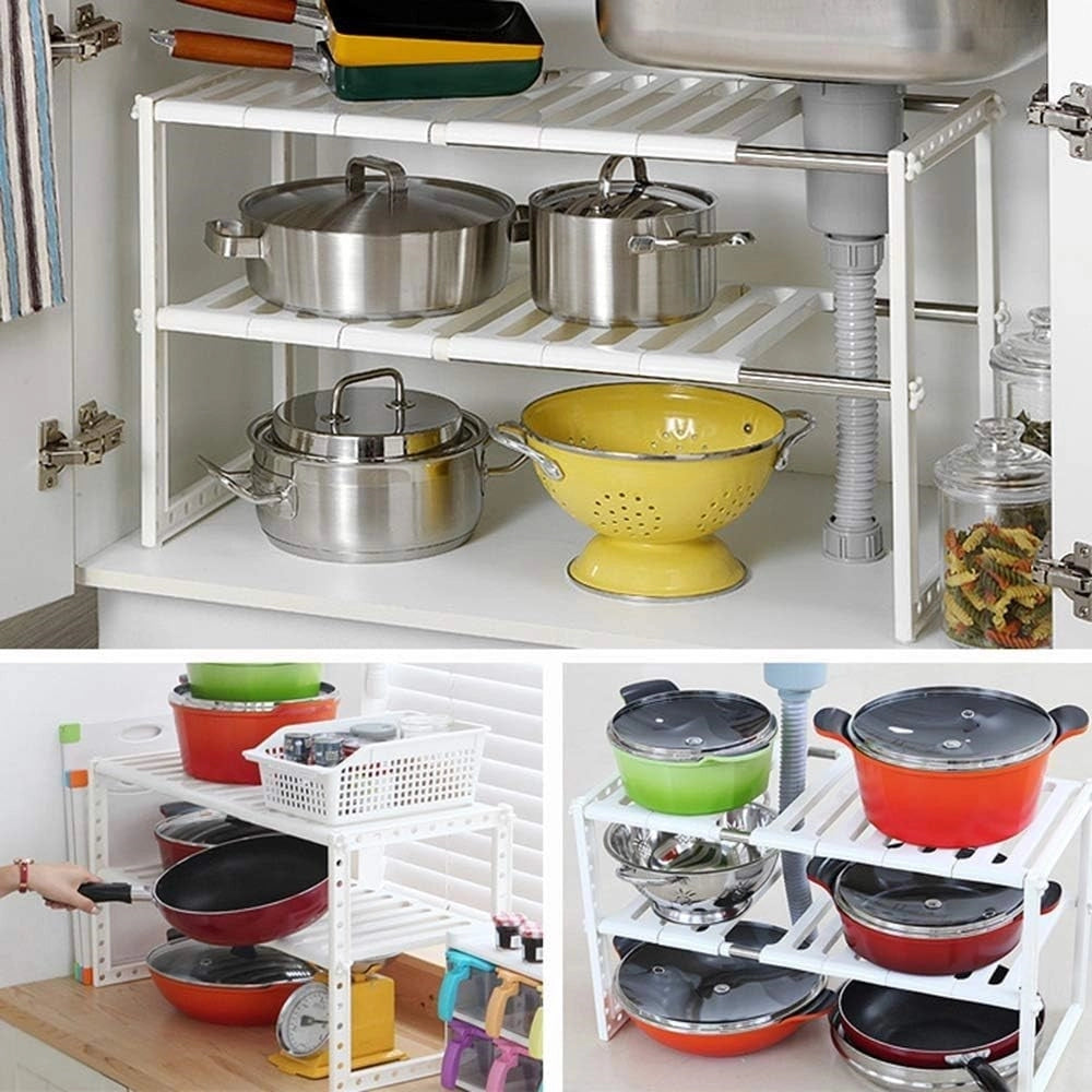 Trade Shop - Scaffale Stoviglie Estensibile 50-70cm Organizer Sottolavello Portaoggetti Mensola 2 Piani -
