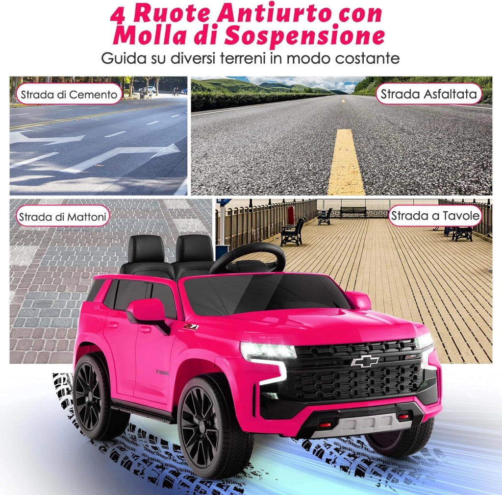 12V Macchina Elettrica per Bambini Chevrolet, SUV Elettrica con Telecomando Luci Luminose e Musica, 3-3,5 km/h, Ideale per Bambini di 3-6 Anni (Rosa)