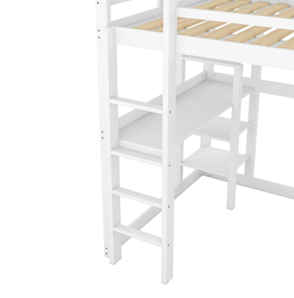 Letto a soppalco 140x200 cm in pino con scrivania e 4 ripiani