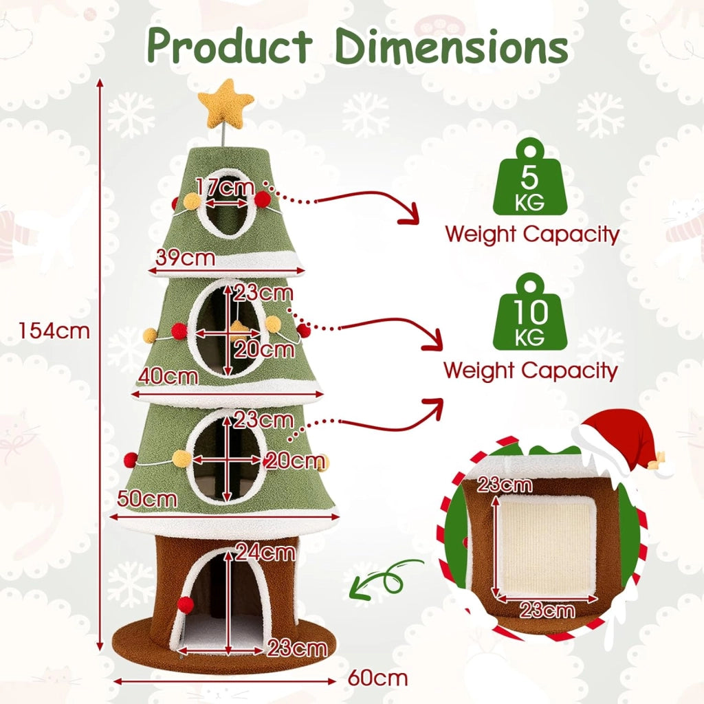 Albero di Natale per Gatti 154 cm, Tiragraffi per Gatti a 4 Livelli con Cuccia Grotta in Peluche con Palline, Piattaforma e Palla, Torre per Gatto con Rifugio, Forma di Albero di Natale