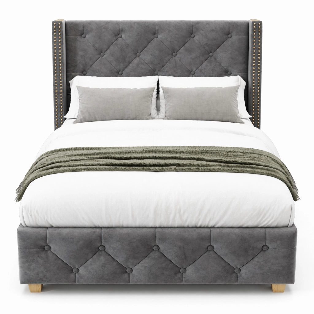 Letto imbottito 90x200 cm in velluto grigio con rete a doghe, testiera con bottoni e borchie