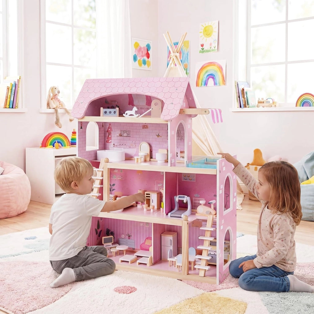 Casa delle Bambole in Legno, Casa Bambole con 4 Piani, 6 Stanze, Terrazza, Piscina e Scale, Casetta Giocattolo Educativo con 33 Mobili Accessori, per Bambini 3+ Anni, 63 x 25 x 78 cm (Rose)