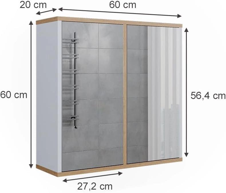 Specchio contenitore bagno Didi, Bianco/Artisan, 60 x 60 cm con due porte a specchio, per la conservazione di articoli da bagno e prodotti per la cura personale