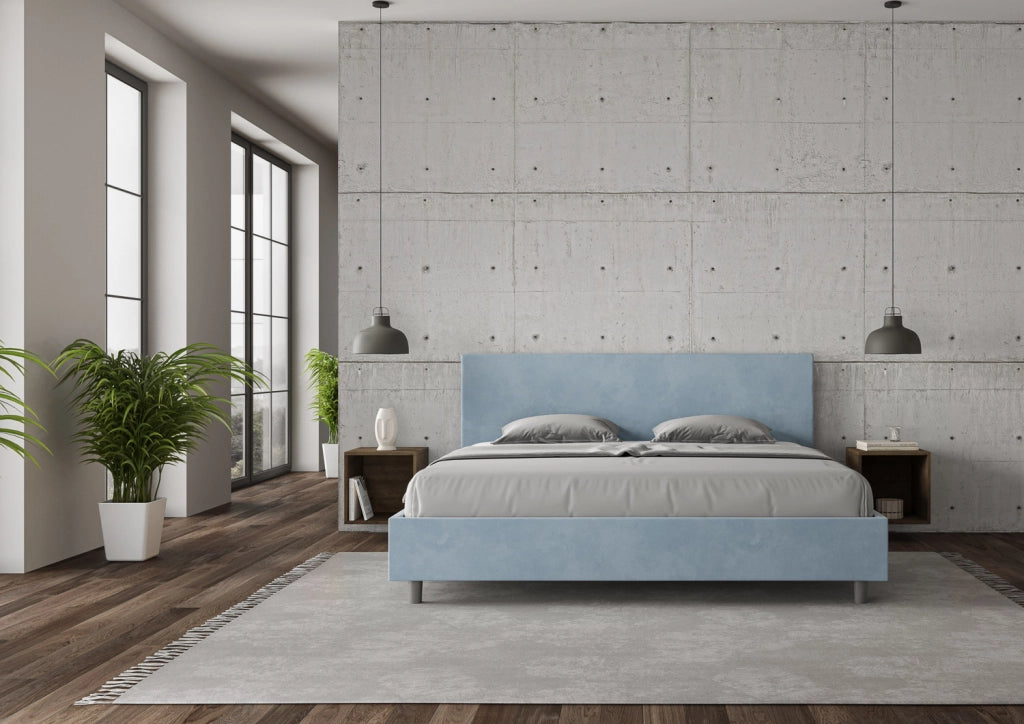 BS COM Letto matrimoniale king size con rete imbottito 190x210 microfibra azzurro