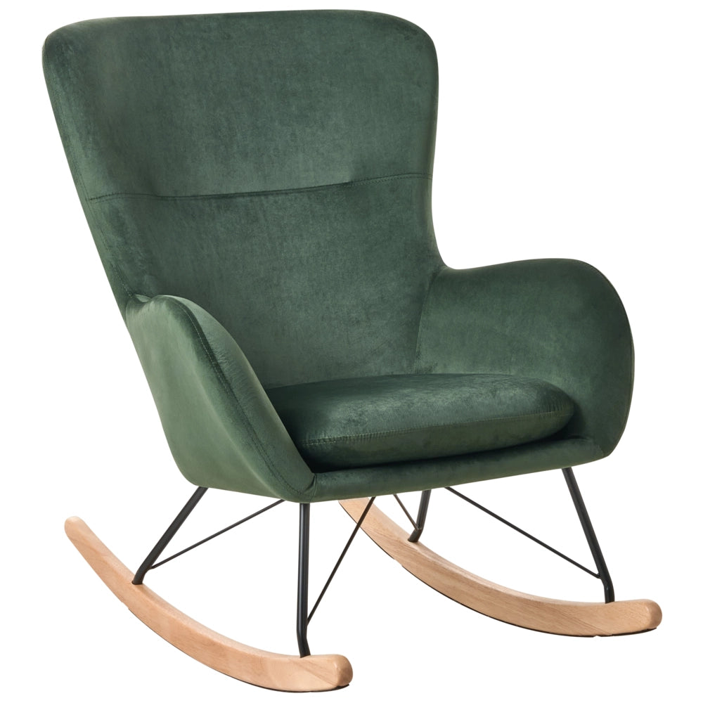 Sedia A Dondolo Velluto Verde Scuro Gambe In Metallo Pattini In Legno Moderni