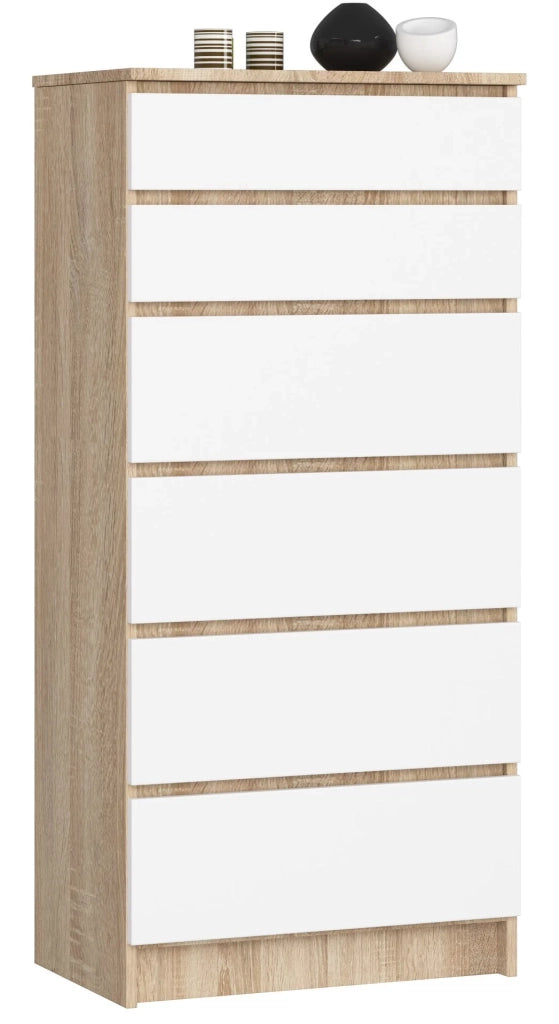 Cassettiera AKORD K60 Cassettiera Sonoma Quercia 60 cm 6 cassetti inserto frontale Bianco 60x40x130 cm