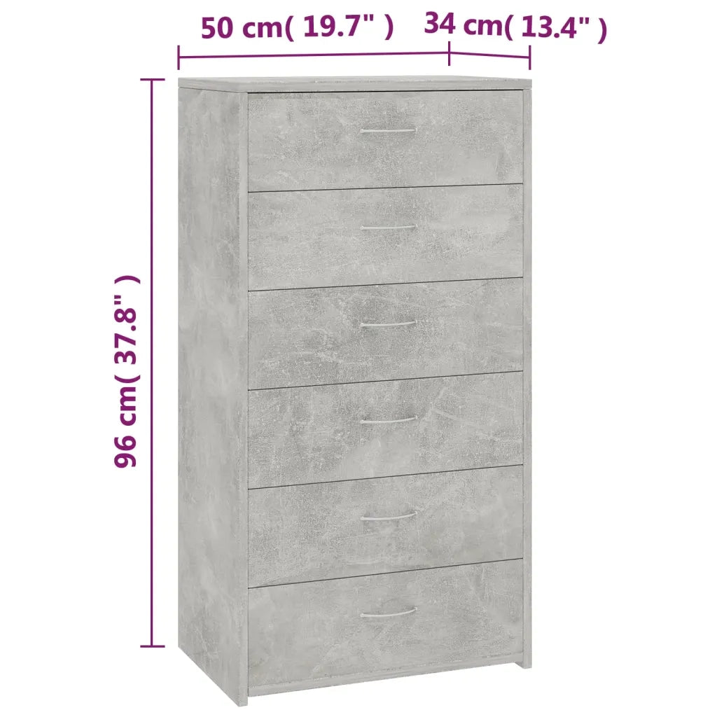 Credenza 6 Cassetti-Buffet Grigio Cemento 50x34x96cm Legno Multistrato