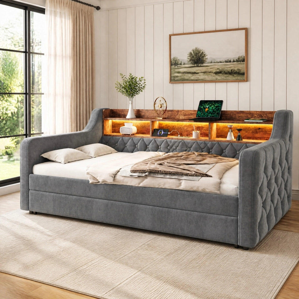 LETTO Estraibile 90x190 cm in velluto grigio scuro con LED e USB-C