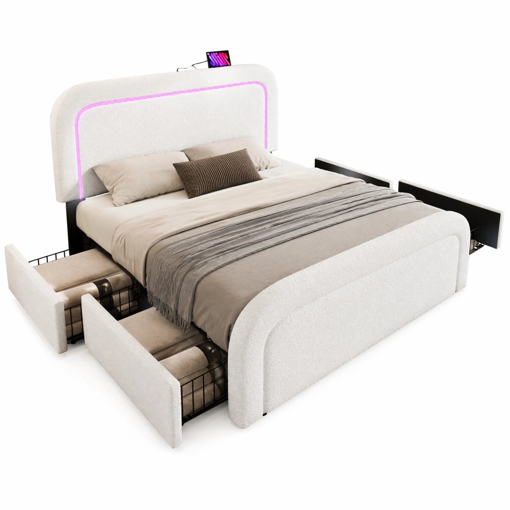Letto imbottito 160x200 cm con USB Type-C; LED e 4 cassetti in Sherpa bianco