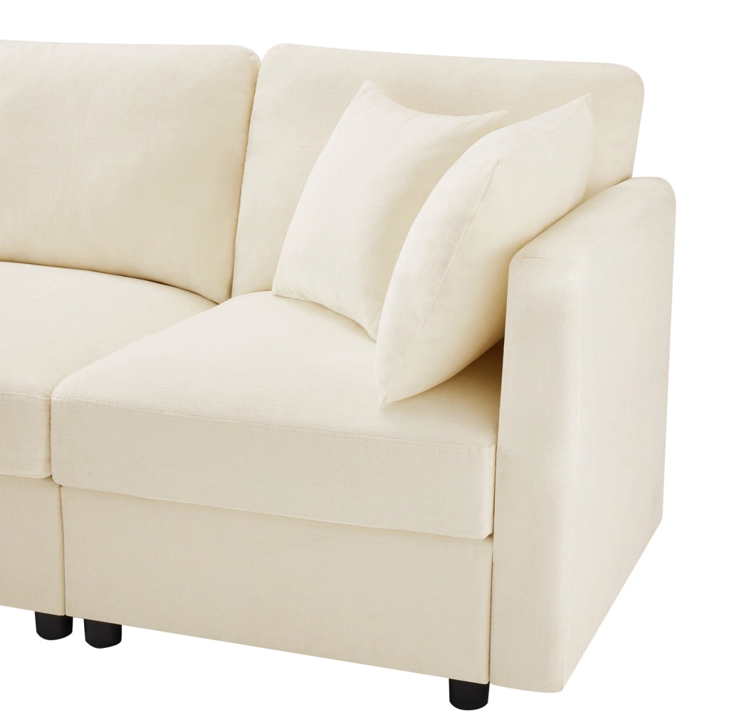 Divano angolare modulare 3 posti con pouf; in tessuto chenille beige; 218x156;5x86 cm