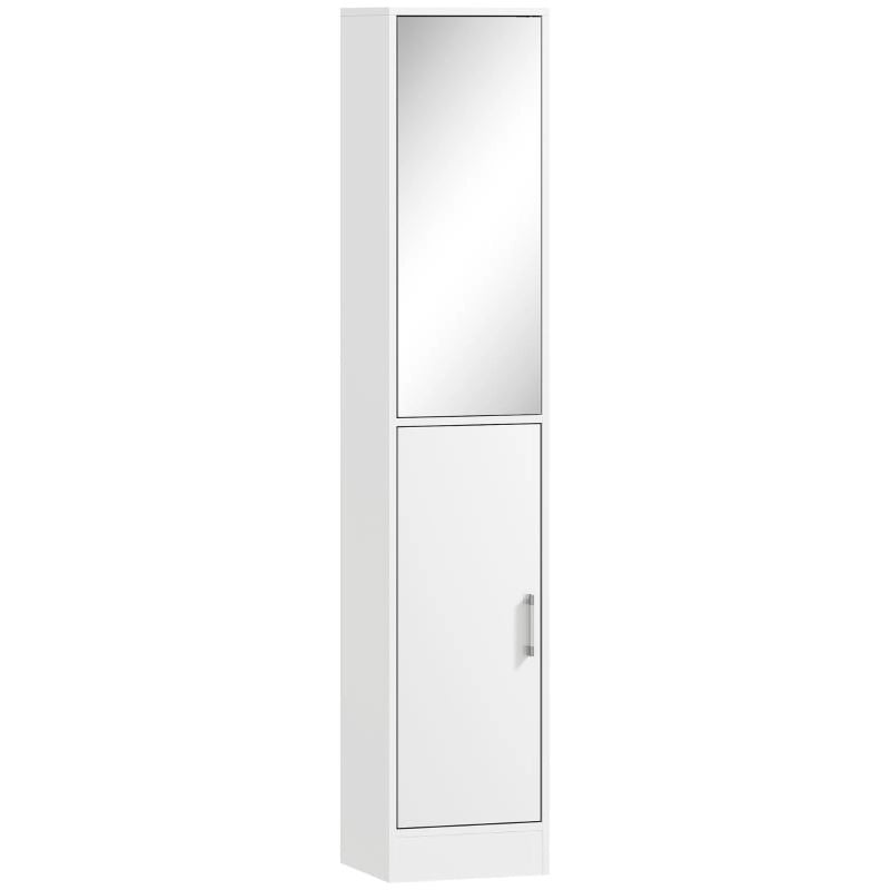 MOBILE COLONNA BAGNO IN LEGNO A 5 RIPIANI CON ANTA A SPECCHIO APRIBILE, 32X28X162 CM, BIANCO