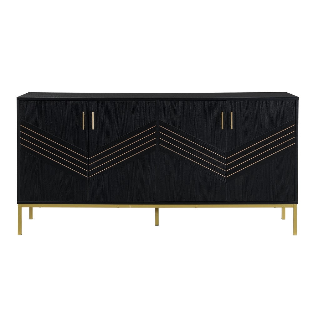Credenza Moderna con 4 Ante ¨C MINIMAL ¨C Nero/Oro, MDF, Ripiani Regolabili