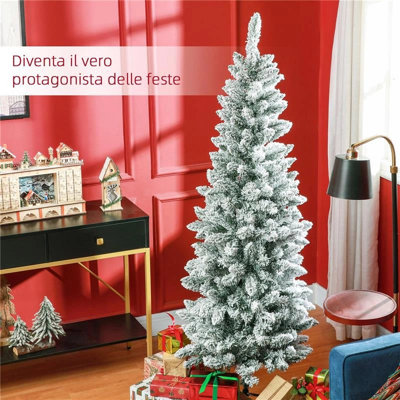 ALBERO DI NATALE 180CM CON 479 RAMI INNEVATI, DESIGN ALTO E STRETTO CON BASE PIEGHEVOLE, VERDE