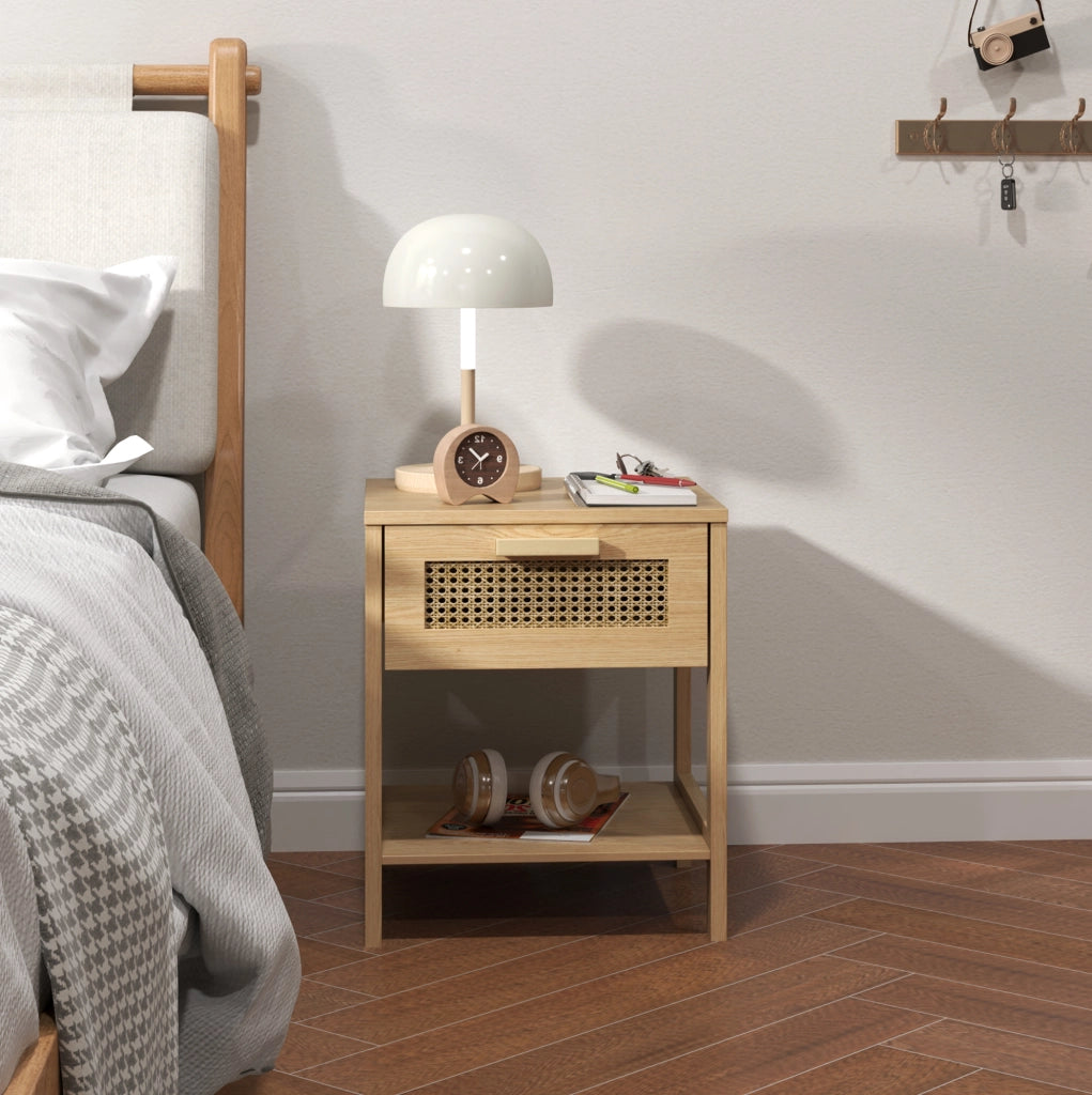 Comodino in rattan naturale con cassetto e ripiani 40x40x48,4 cm