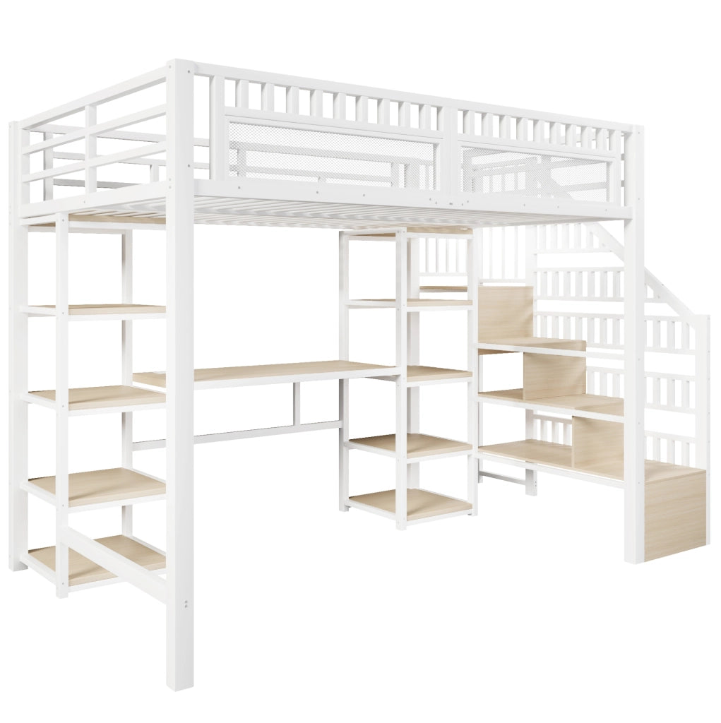 Letto a soppalco ULEVR 140x200 cm con scrivania, scala contenitore, ripiani, LED e USB, bianco