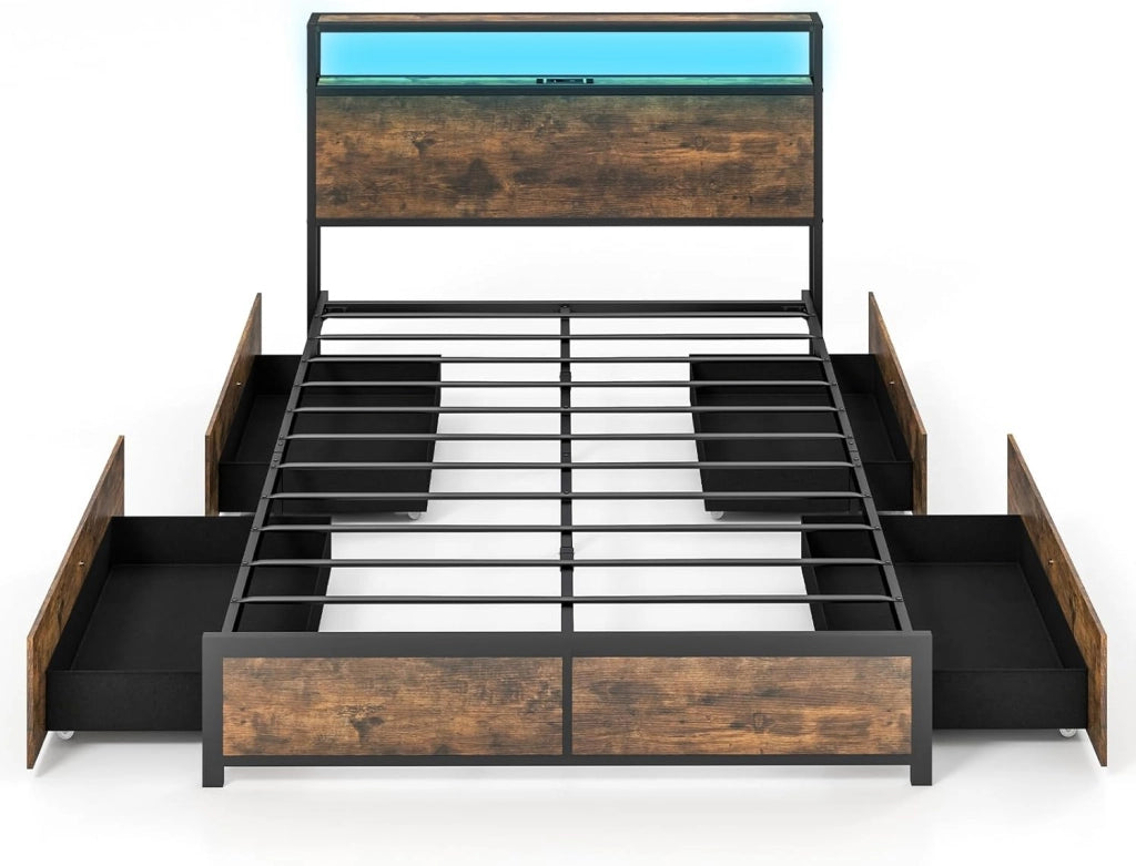 Letto Matrimoniale 140x200 cm, con 4 Cassetti e Testiera, Struttura Letto con Luci LED Regolabile e Presa Multipla, Carico Massimo 300kg, Silenzioso