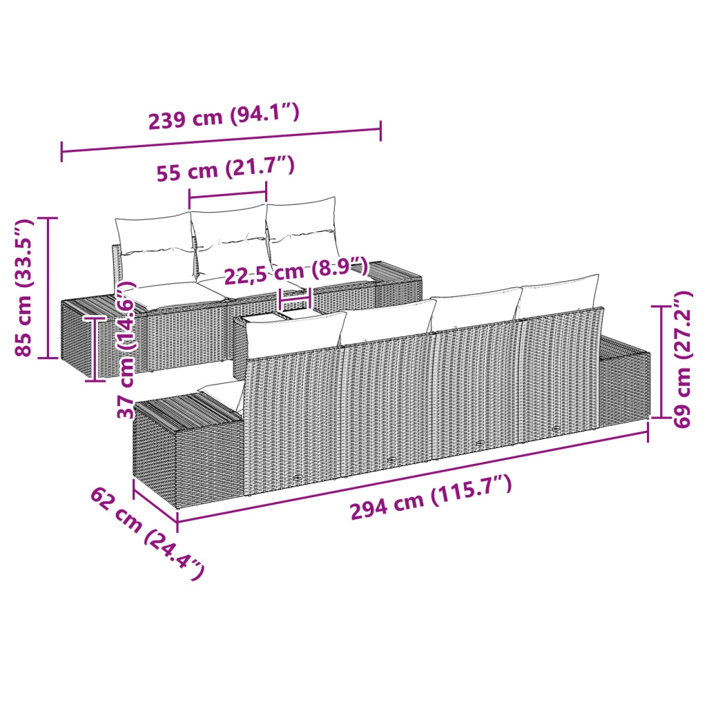 Set Divano da Giardino da 8 Pezzi con Cuscini Marrone Polyrattan