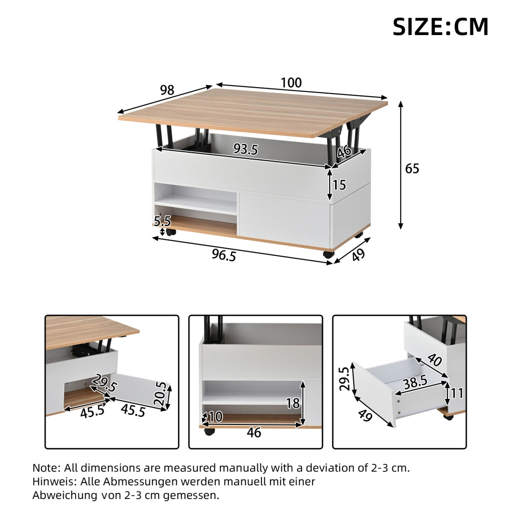 Tavolino da caffè sollevabile 100×98×65 cm con contenitore, cassetto e ruote