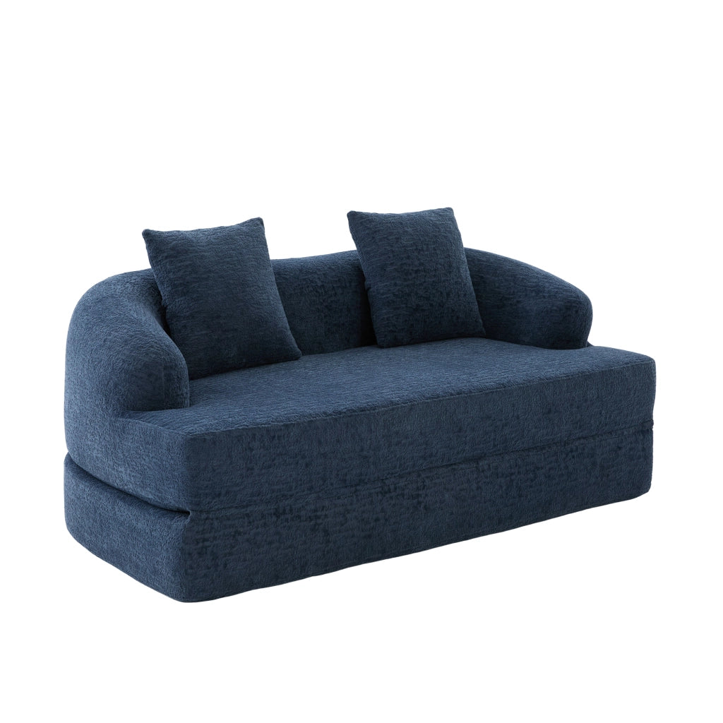 Divano letto 2 posti pieghevole in chenille navy, senza montaggio, con cuscini schienale