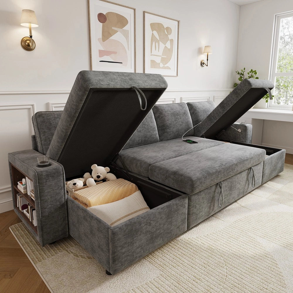 Divano Angolare a U con Funzione Letto, Contenitore, Dormeuse e USB ¨C Xylo ¨C Grigio