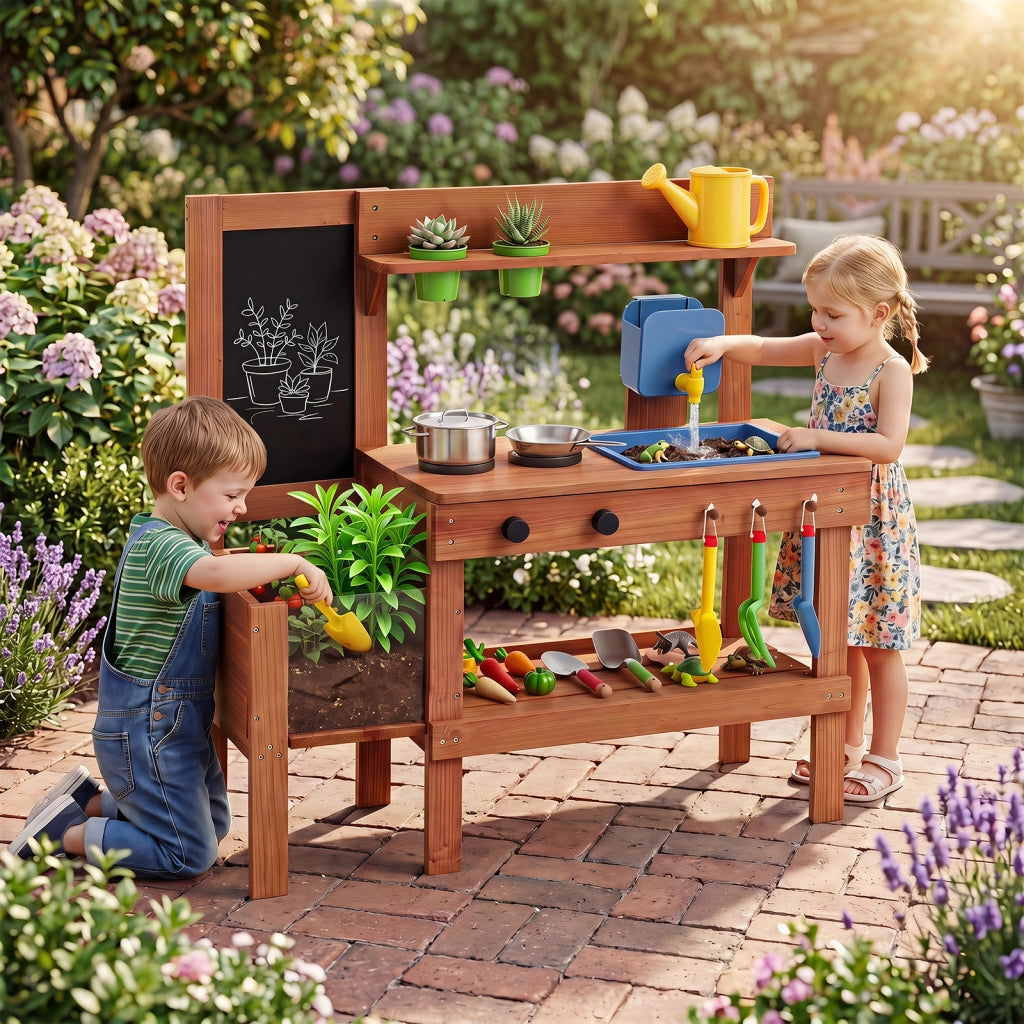 Cucina giocattolo per bambini per bambini 3+ anni cucinetta in legno, Cucina da fango interattiva con accessori per giardinaggio