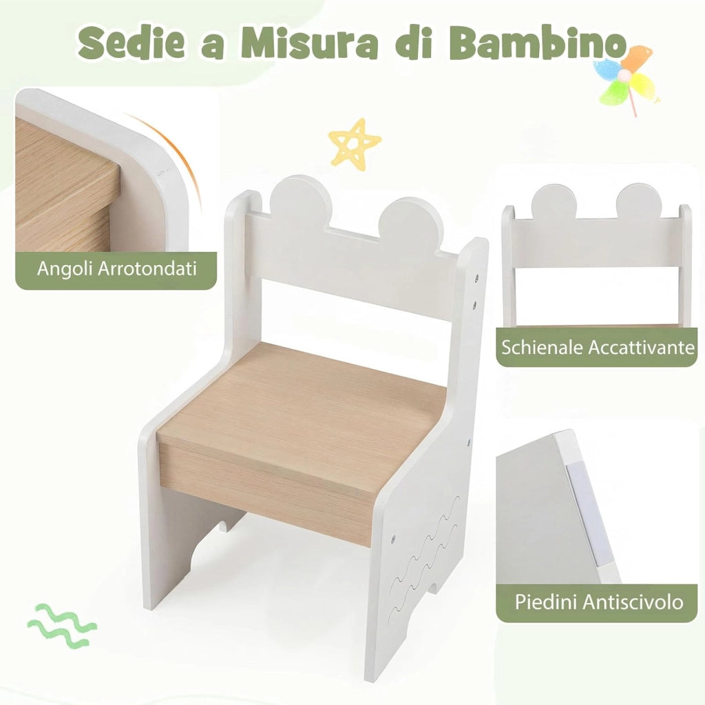 Set di Tavolo e 2 Sedie per Bambini 3+ Anni, Tavolo e 2 Sedie in Legno con Scomparti Doppio Lato e Cassetto Pieghevole in Tessuto, Ideale per Leggere, Giocare per Cameretta Bambini (Bianco)
