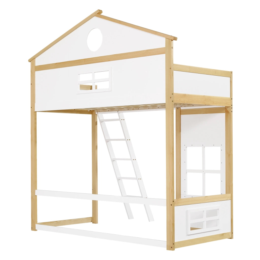 Letto a castello casetta per bambini 90x200 cm in legno; con scala; tetto e protezione anticaduta