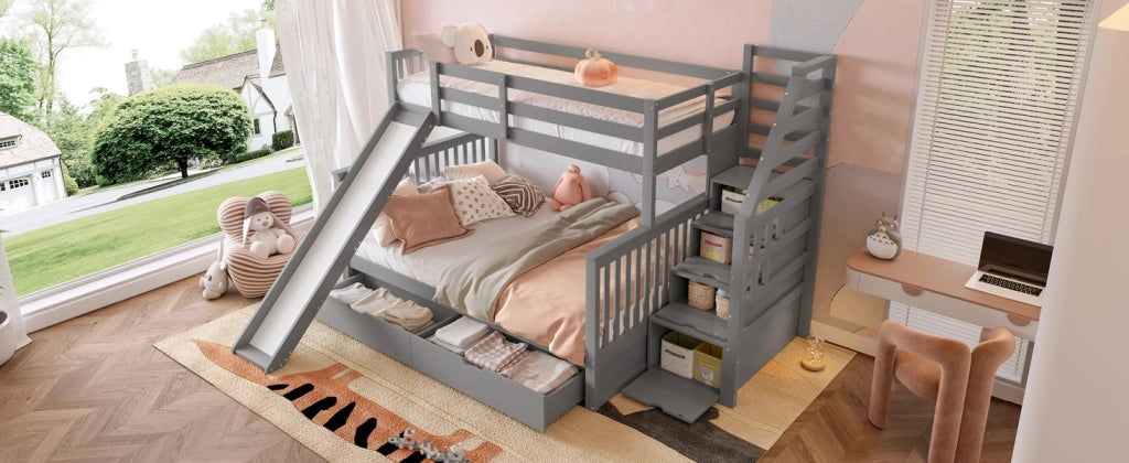DESMIU Letto a castello 90 × 200 e 140 × 200 cm 2 posti con cassetti, scivolo e scala, senza materasso, grigio