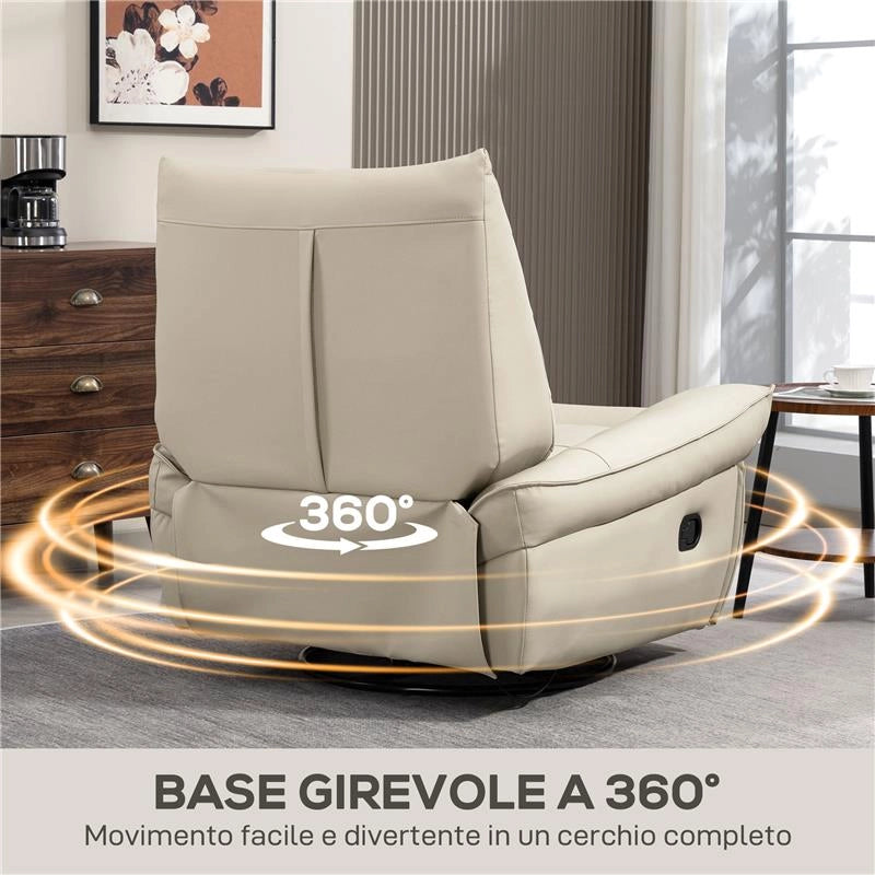 POLTRONA RELAX RECLINABILE MANUALMENTE CON POGGIAPIEDI E BASE GIREVOLE SENZA BRACCIOLI, CREMA
