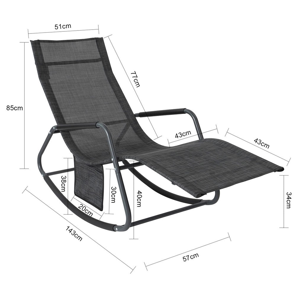 SoBuy Dondolo da Giardino Sedia a Dondolo da Esterno Lettino Prendisole con Tasca Laterale Poltrona da Giardino Sdraio per Patio Balcone Campeggio Spiaggia Nero/Grigio 143x57x85 cm OGS47-MS