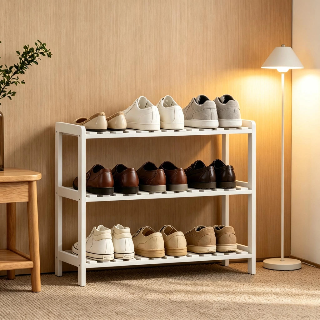 Scarpiera a 3 ripiani - per ingresso - in MDF e legno - 70×26×57.5 cm - bianco