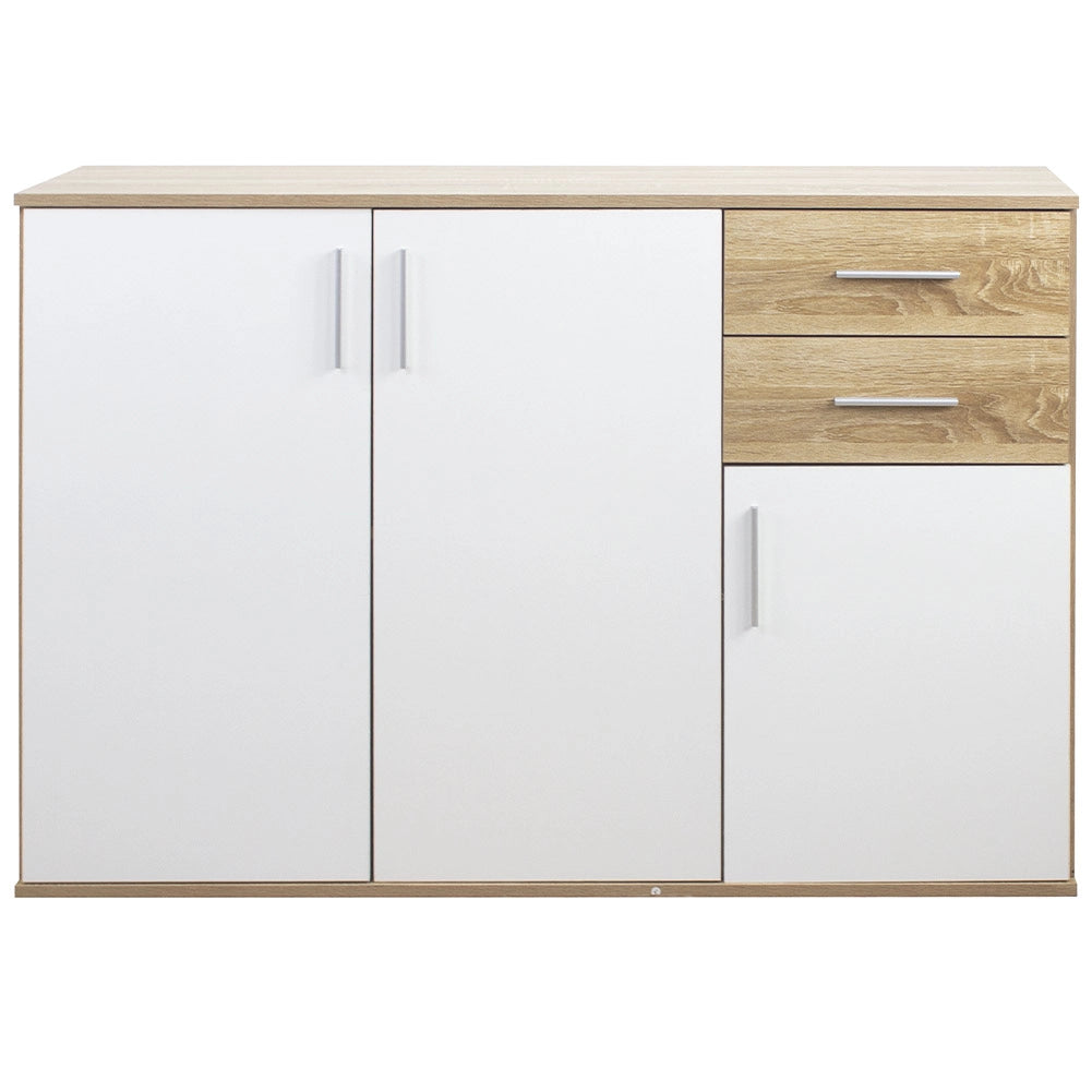 Mobile Cassettiera Moderna 3 Porte 2 Cassetti Design Minimal Bianco Quercia 120cm