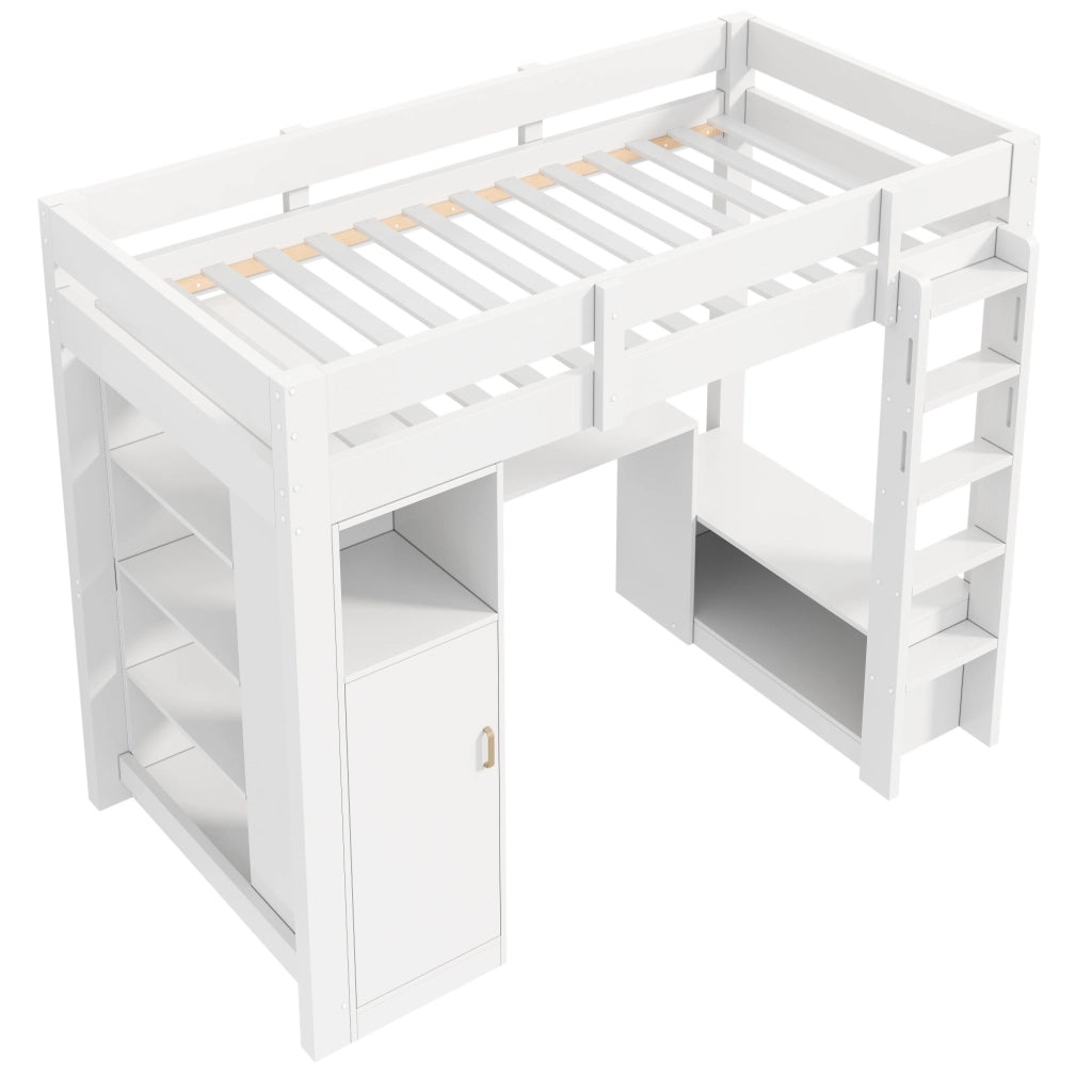 Letto a soppalco 90x200 con scrivania integrata; armadio; LED e struttura bianca