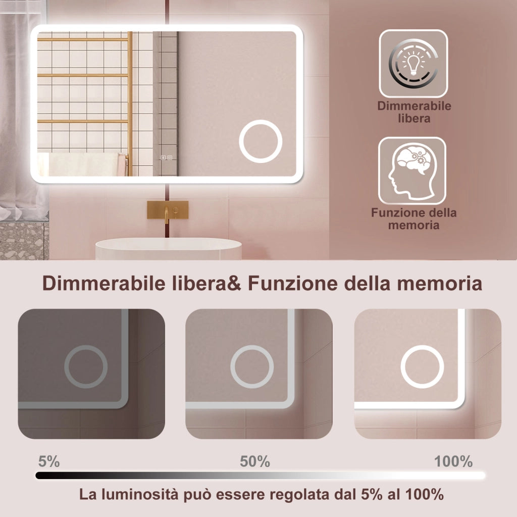 AICA Specchio da bagno  120 x 70 cm, dimmerabile, Blue tooth, Funzione Memoria, antiappannamento, 3 colori, Magnificatore