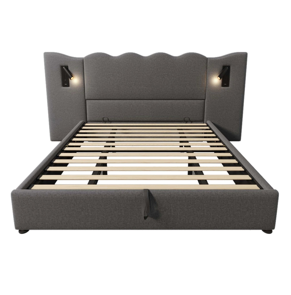 Letto matrimoniale imbottito 180x200 cm in lino grigio con testiera ondulata; luce lettura e USB