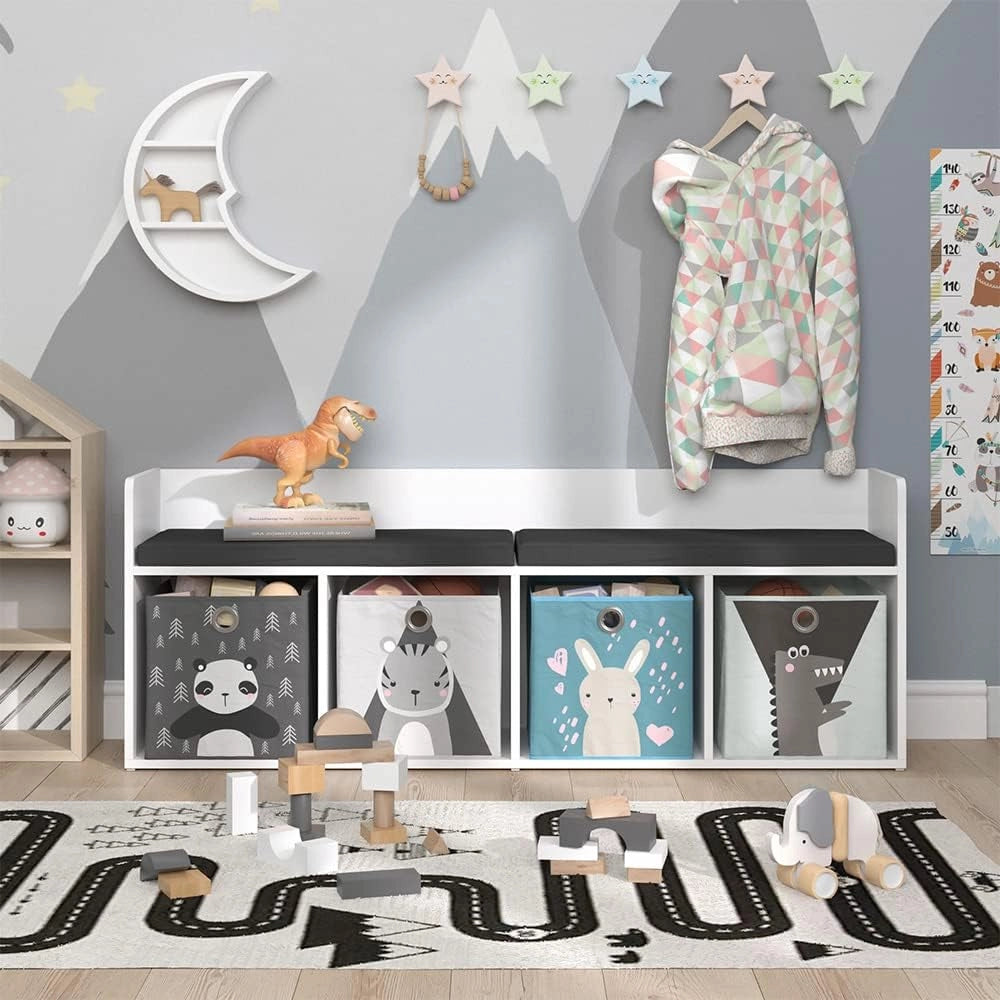 Scaffale per bambini Luigi, Bianco, 31.2 x 53.4 cm con 4 scatole pieghevoli opt.2, adatto per riporre giocattoli e libri