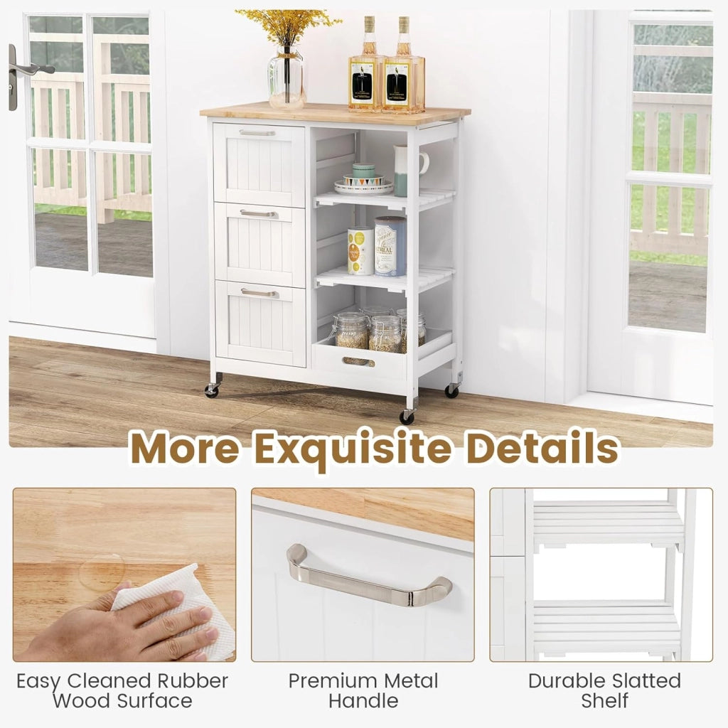 Carrello di Servizio con 4 Ripiani, Scaffale da Cucina con Rotelle, Mobiletto Cucina Salvaspazio con 3 Grandi Cassetti, 67x37x83,5 cm, 2 Colori (bianco)