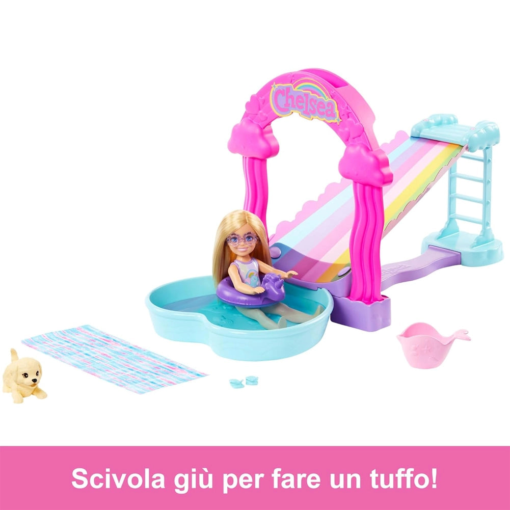 Barbie Chelsea con Scivolo d'Acqua Arcobaleno Playset con Bambola e Cucciolo