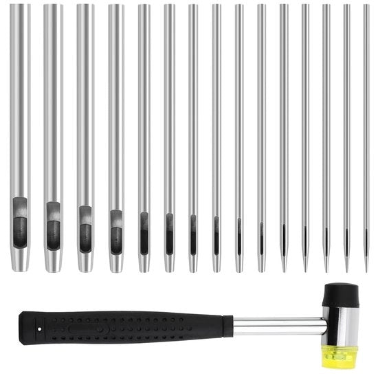 Set di 15 punterelle in acciaio per cuoio, diametro 0,5 mm a 6 mm, con 1 mazzetta in gomma, adatta per cuoio, cinturino orologio, cintura di gomma, tessuto (15 misure)